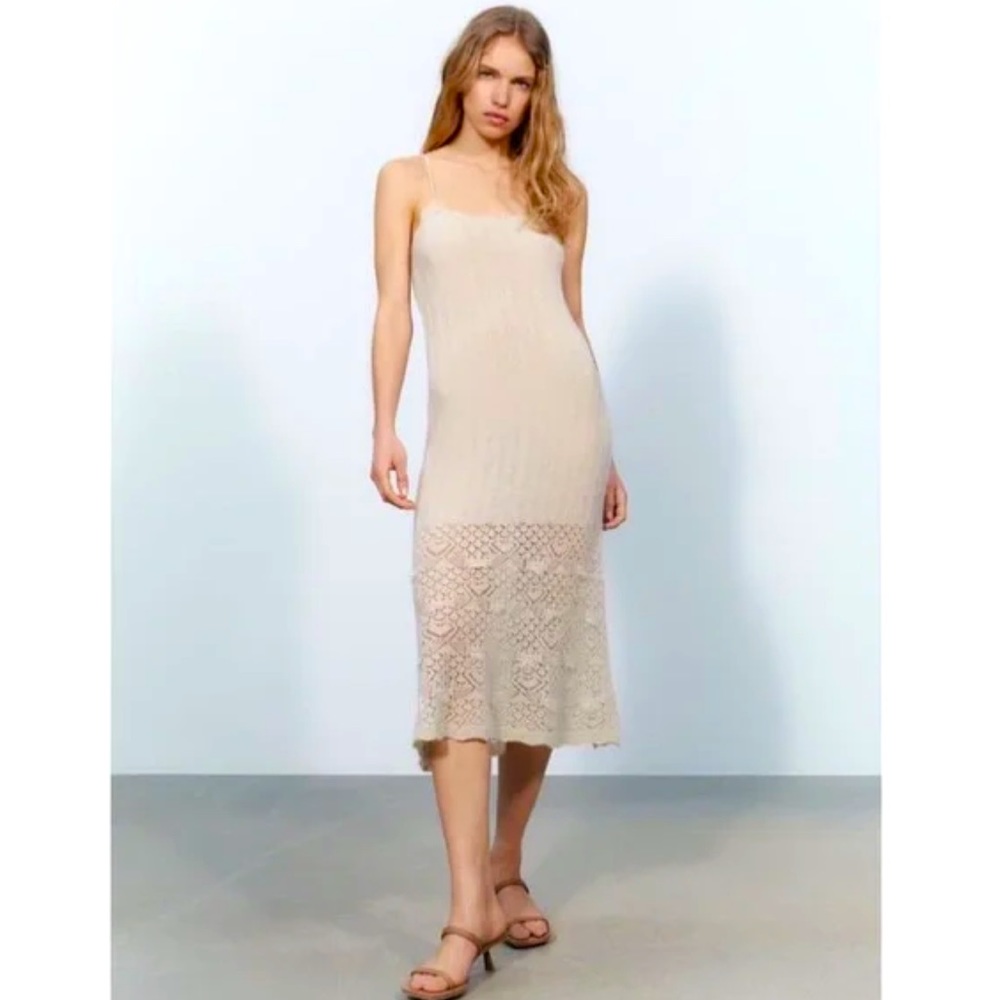 ZARA Pointelle Knit Dress Ecru Size M-L